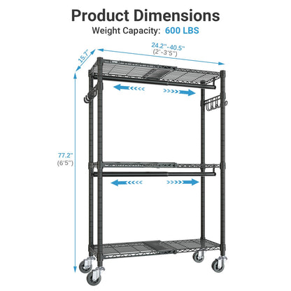VIPEK R2X Expandable Portable Closet with Lockable Wheels, 600lbs Capacity Heavy Duty Rolling Clothes Rack w/Adjustable Shelves & Hanger Rod (2' to 3'5"), Metal Clothing Rack for Small Spaces (Black)