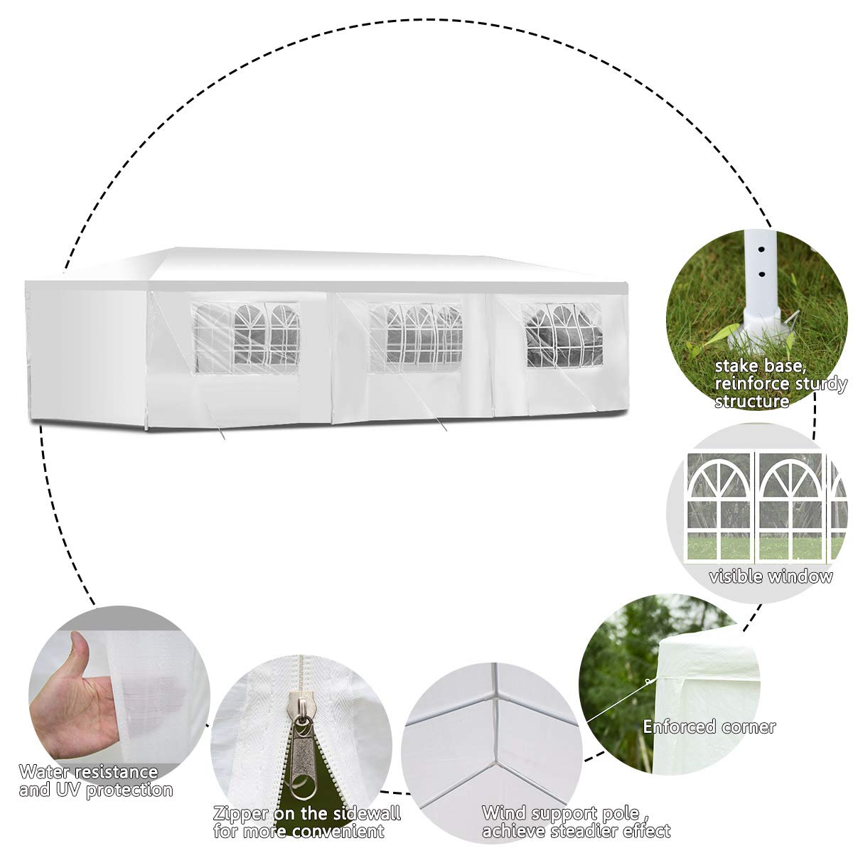 Tangkula Heavy-Duty 10'x30' Event Canopy with Removable Sidewalls, Waterproof Top & Ground Stakes - White Outdoor Wedding Party Gazebo