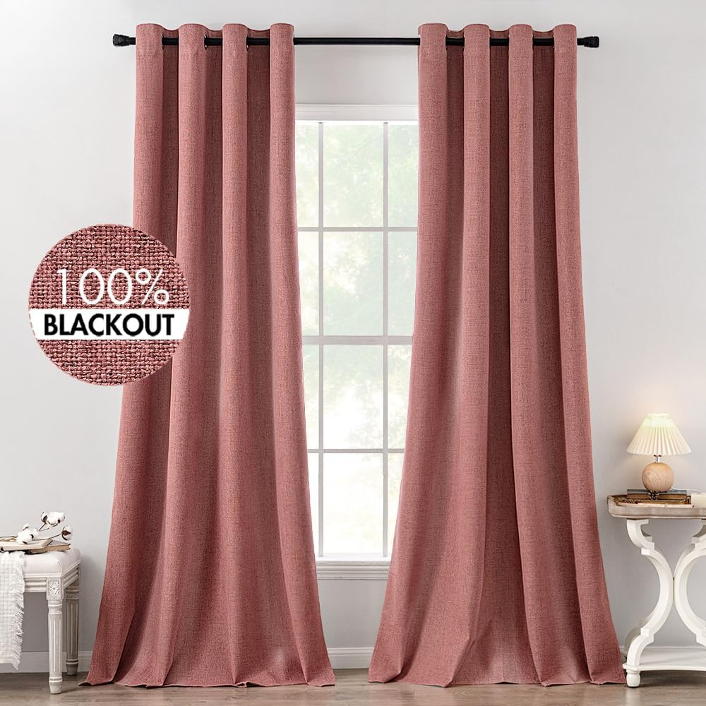 MIULEE 100% Blackout Linen Textured Curtains - Thermal Insulated Dusty Rose Drapes | 52 x 120 Inch (2 Panels)