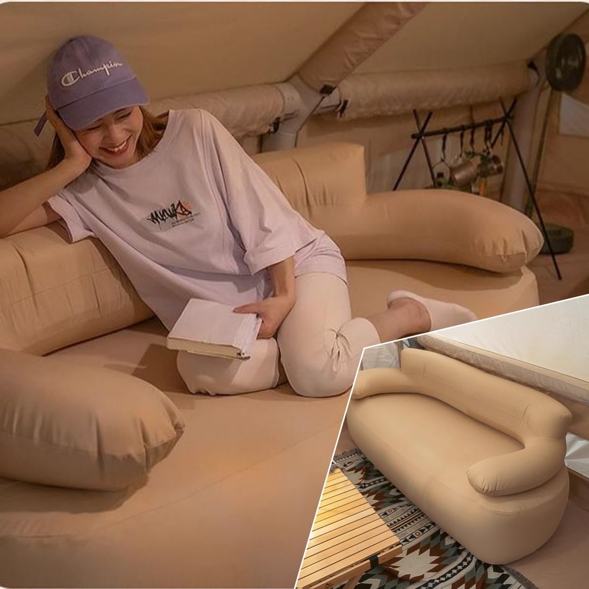 ZTOONE Inflatable Sofa with Built-in Air Pump Rechargeable, Inflatable Couch Support 880 lbs,Blow Up Couch for Camping Home,Travel,Picnic