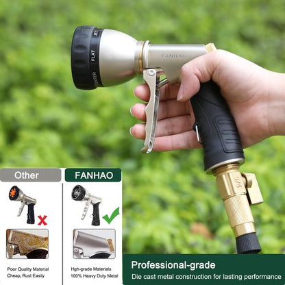 FANHAO Heavy Duty Metal Garden Hose Nozzle - 7 Spray Patterns for Efficient Watering & Cleaning
