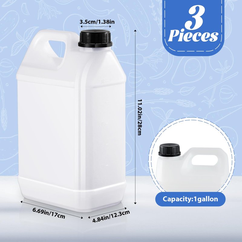 Ziliny 3 Pcs 1 Gallon Plastic Jug with Lids Square Empty Storage Containers Hdpe Carboy Plastic Jar Containers for Milk Water Beverage Oil Liquids (Translucent Color)