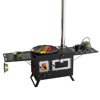 Large Outdoor Camping Cooking Stove with Oven Portable Hot Tent Stove with Pellet Bin Burner Chimney