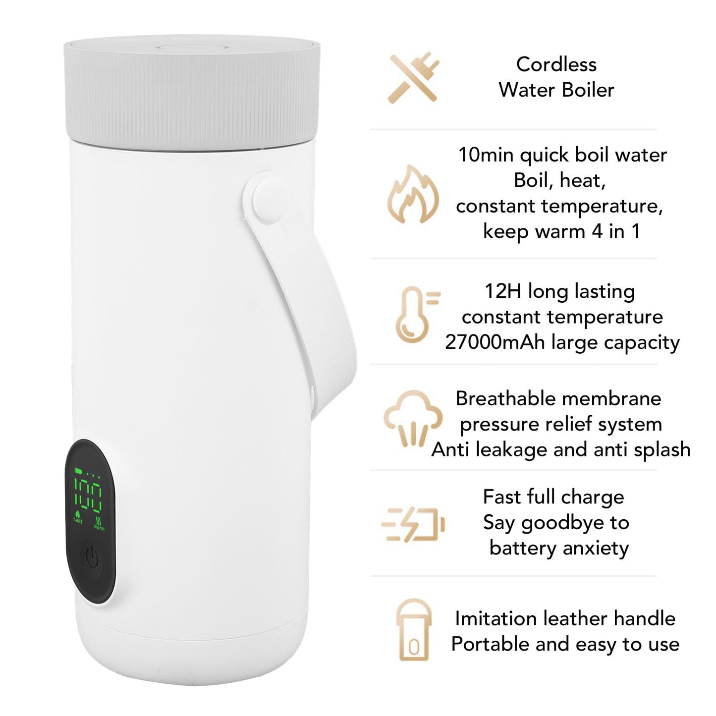 Dpofirs Portable Electric Kettle, 350ML Tea Coffee Hot Water Boiler, 27000mAh USB Rechargeable, Fast Boiling, Temperature Controls, for Camping Travel (US Plug)