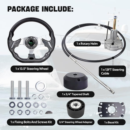 RASTP 13FT Boat Steering System, 13FT Outboard Steering Kit with 3/4" Tapered Shaft with 12.7 Inch Steering Wheel for Yachts, Fishing Boats & Watercraft