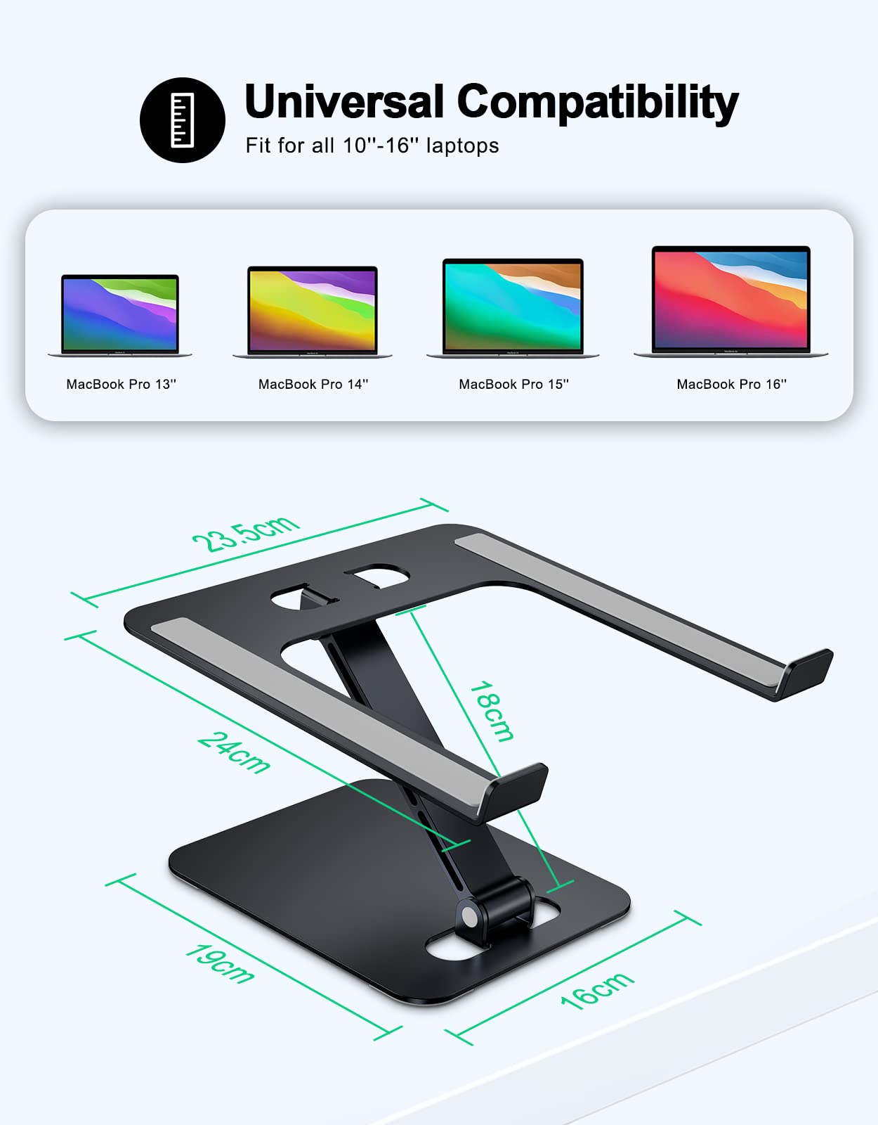 Foldable Laptop Stand, Height Adjustable Ergonomic Computer Stand for Desk, Aluminum Portable Laptop Riser Lecterns Holder Mount Compatible with MacBook Pro Air, HP, Dell 10-16"
