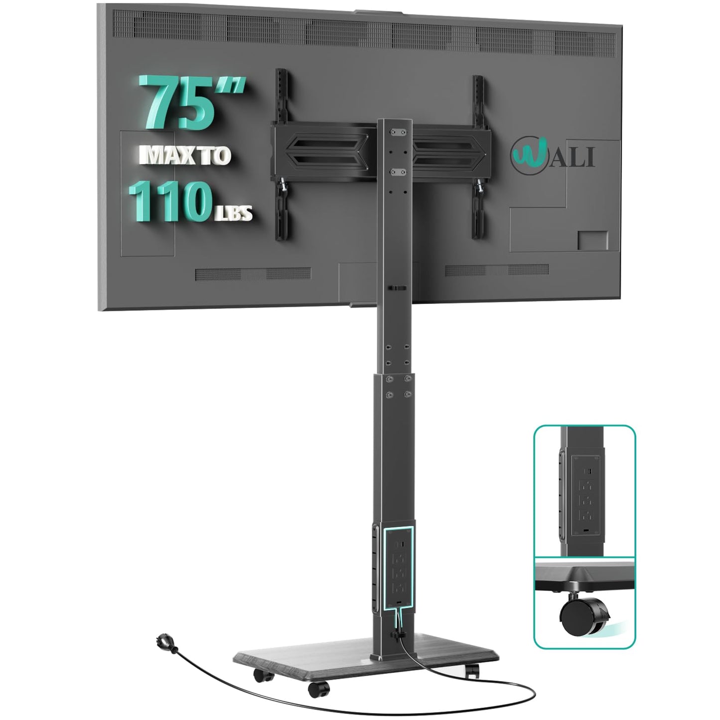 WALI Rolling TV Stand with Power Outlet, Mobile Tall TV Stand Mount on Wheels for 39-75 inch TV up to 110 lbs, Swivel Height Adjustable TV Cart with Wood Base for Bedroom(TVDVD-7PR), Black