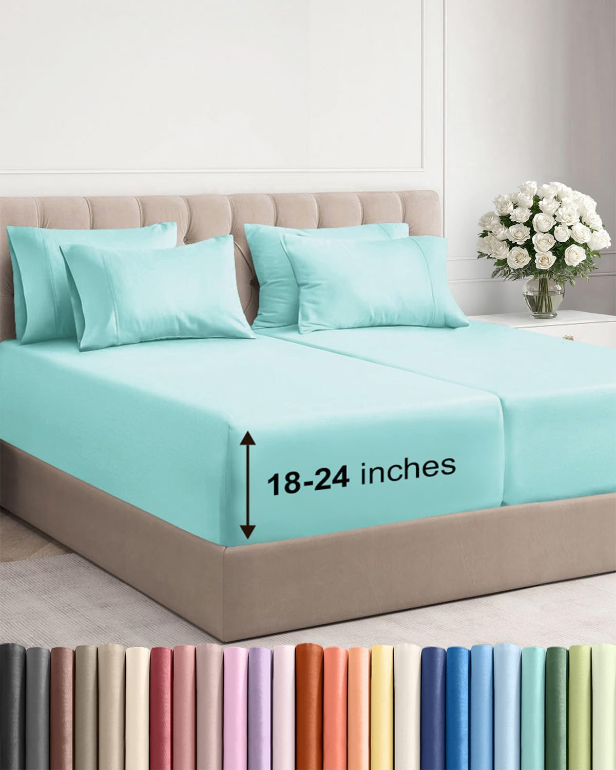 Skiennix Extra Deep Split King Sheet Set - 7 Piece Breathable Cooling Bedding - Soft Wrinkle-Free Spa Blue