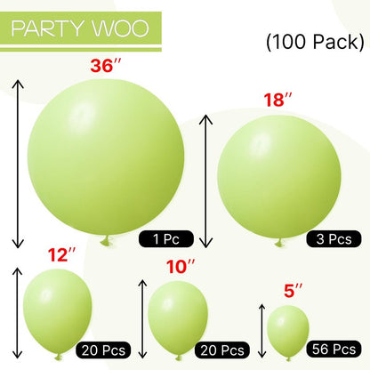PartyWoo Lime Green Balloons 100 pcs Different Sizes of 36 18 12 10 5 Inch Neon Yellowish Light Green Latex Balloon Arch Kit Garland for Graduation Halloween Summer Birthday Party Decorations Green-Y6