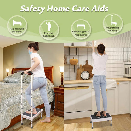 Medical Step Stool with Handle for Elderly Bed Steps for High Beds Adults Bedside Steps with Rail Safety Handicap Bed Stairs Seniors Adjustable Platform Heavy Duty Stepping Stool