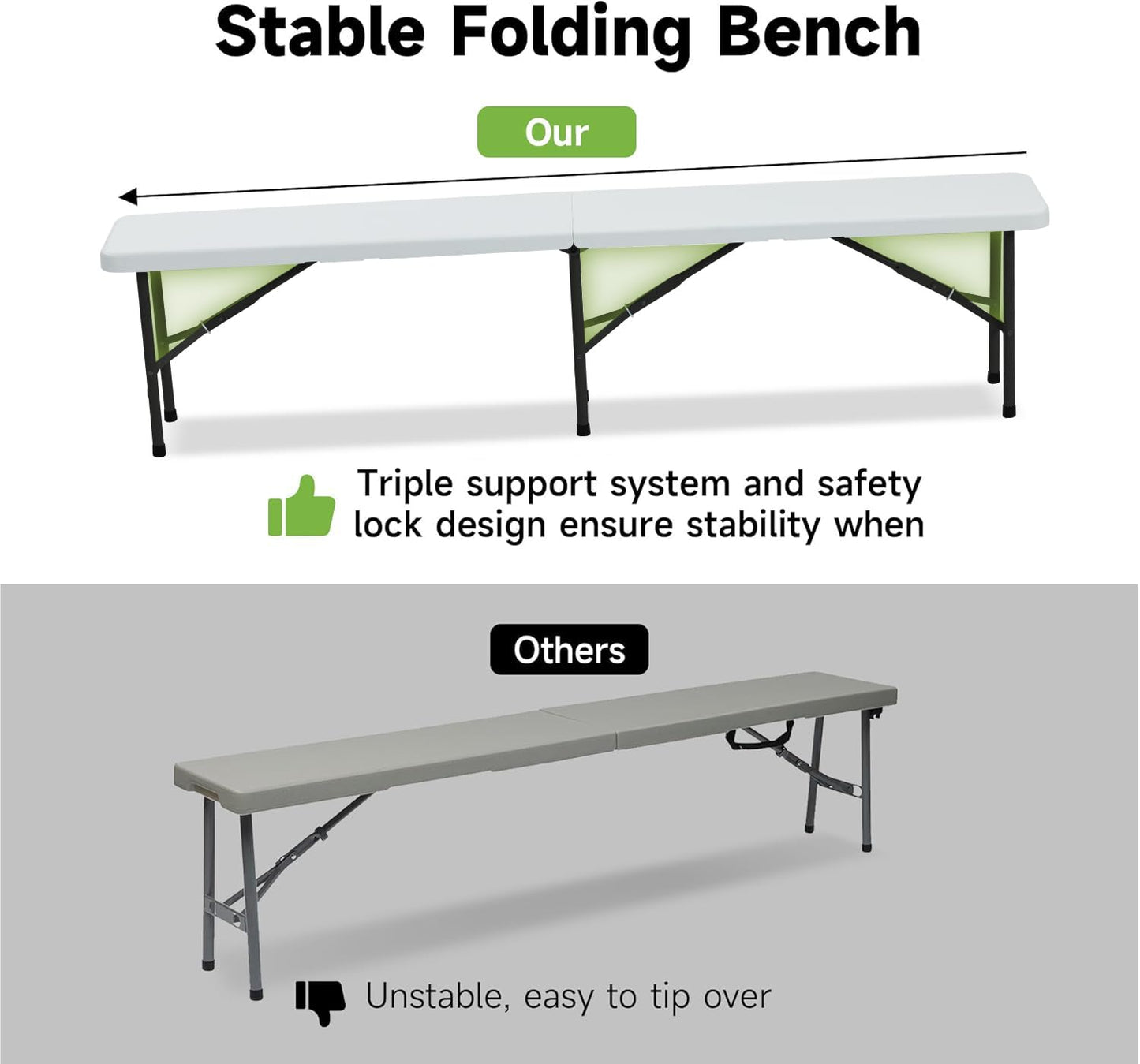 Real Relax 6' Picnic Table with 2 Benches, 3 Piece White Portable HDPE Folding Camping Table and Benches for Courtyard, Garden, Outdoor Leisure, Party