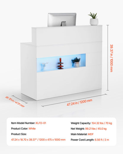 VEVOR Reception Desk, 47 Inch Rectangular Front Counter Table, Office Reception Desk with LED Light, 2 Drawers and Power Outlets, for Checkout, Lobby, Beauty Salon and Office, White