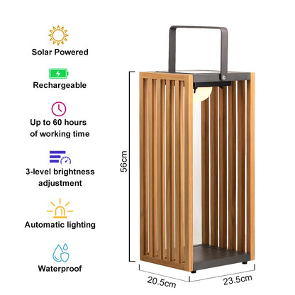 Teak Solar Lantern Outdoor, Solar & USB Rechargeable Floor Lamp, Woven Rope Modern Table Light, 3-Level Dimmable Waterproof Decor for Patio, Garden & Yard (THE GATE Large)