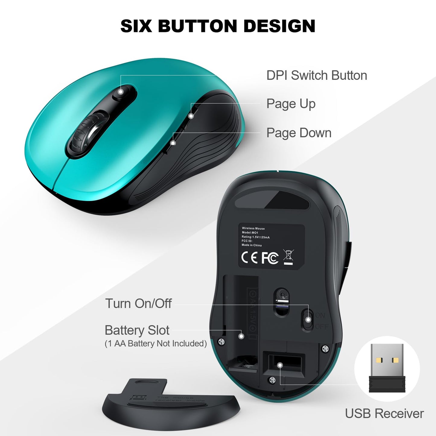 WisFox 2.4G Wireless Mouse for Laptop, Ergonomic Computer Mouse with USB Receiver and 3 Adjustable Levels, 6 Button Wireless Mice for Windows Mac PC Notebook (Grey)