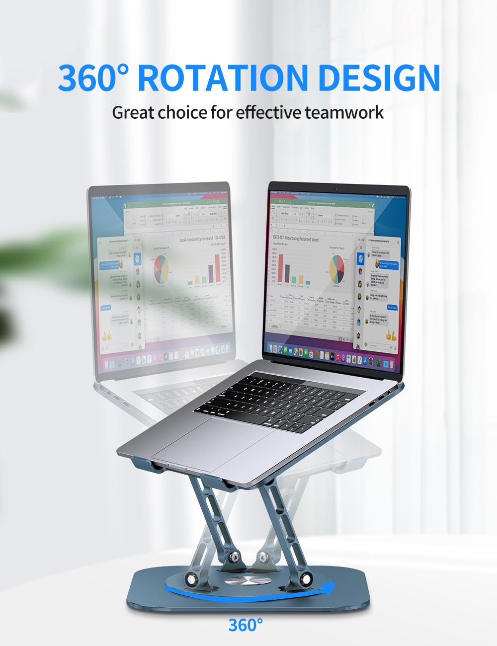 Adjustable Computer Stand with 360 Rotating Base, Ergonimic Foldable Laptop Riser for Desk Compatible with MacBook Pro/Air Notebook up to 16 Inches, Silver