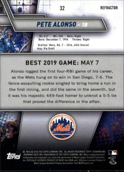 2019 Bowman's Best Refractors #32 Pete Alonso New York Mets MLB Baseball Trading Card