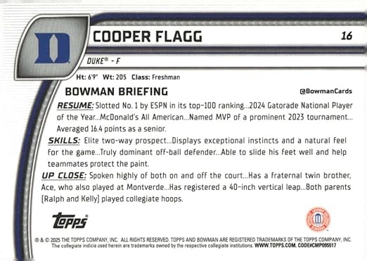 2025 Bowman Chrome University #16 Cooper Flagg Duke Basketball Card - Sportscard Superstore