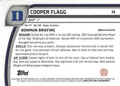 2025 Bowman Chrome University #16 Cooper Flagg Duke Basketball Card - Sportscard Superstore