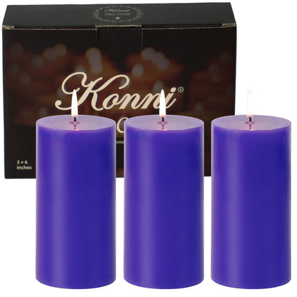 KONNI Violet Pillar Candles Set of 3, 3"x 6" Unscented Pillar Candles Bulk, 56 Hours Long Burning Candles, Smokeless and Dripless Large Round Candle for Wedding, Home Decoration, Parties, Spas, Dinner