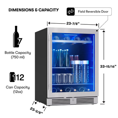 Zephyr Presrv 24 Inch Beverage and Wine Fridge Single Zone Under Counter, Built-in Drink Refrigerator, 7 Bottles, 108 x12oz Cans