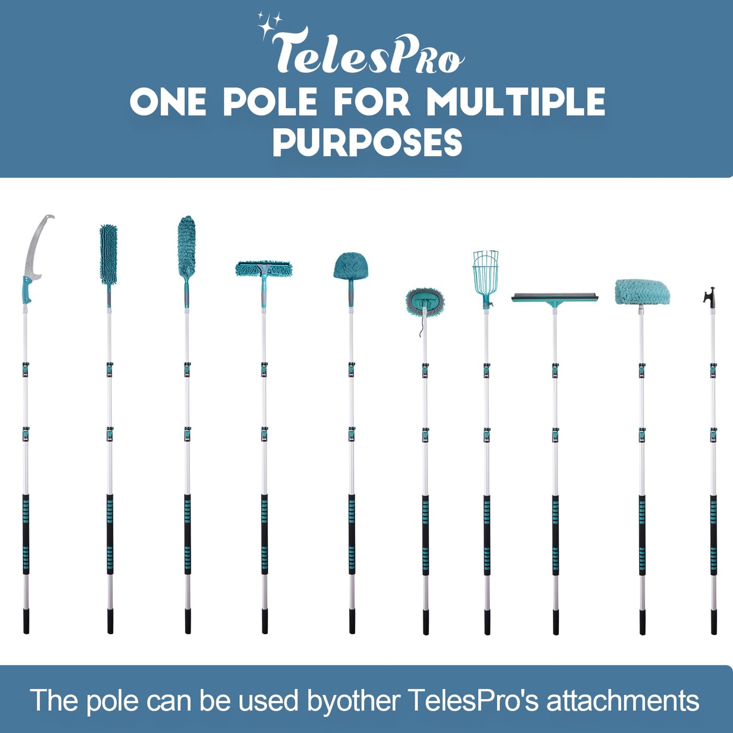 TelesPro 36 Foot High Reach Duster Kit with 7-30FT Extension Pole High Ceiling Dusting and Window Cleaning Kit with Telescopic Pole Window Washer&Squeegee,Cobweb Duster,Fan Duster and Feather Duster