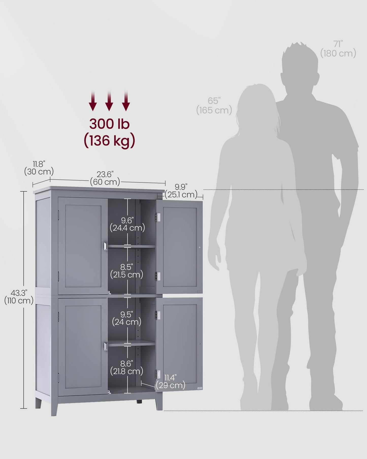 VASAGLE Floor Storage Cabinet, Freestanding Storage Unit with 4 Doors, Adjustable Shelves, 11.8 x 23.6 x 43.3 Inches, for Entryway, Bathroom, Dove Gray UBBC552P36V1