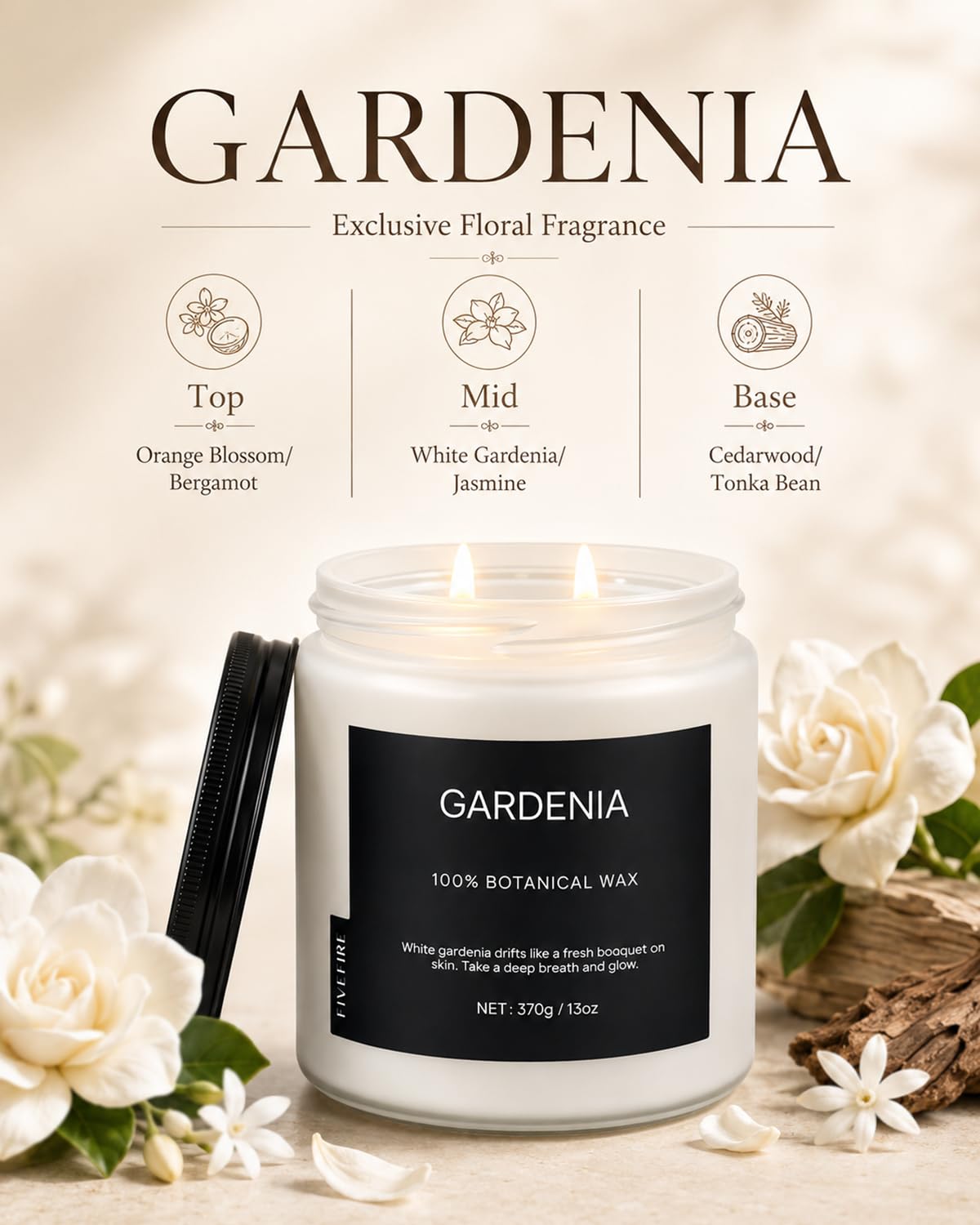 Gardenia Home Scented Candles, 13oz Organic Soy Wax, 76-Hour Clean Burning, Natural Candles Non Toxic, White Floral Scent for Relaxation, Aromatherapy Housewarming Candle for Men Women