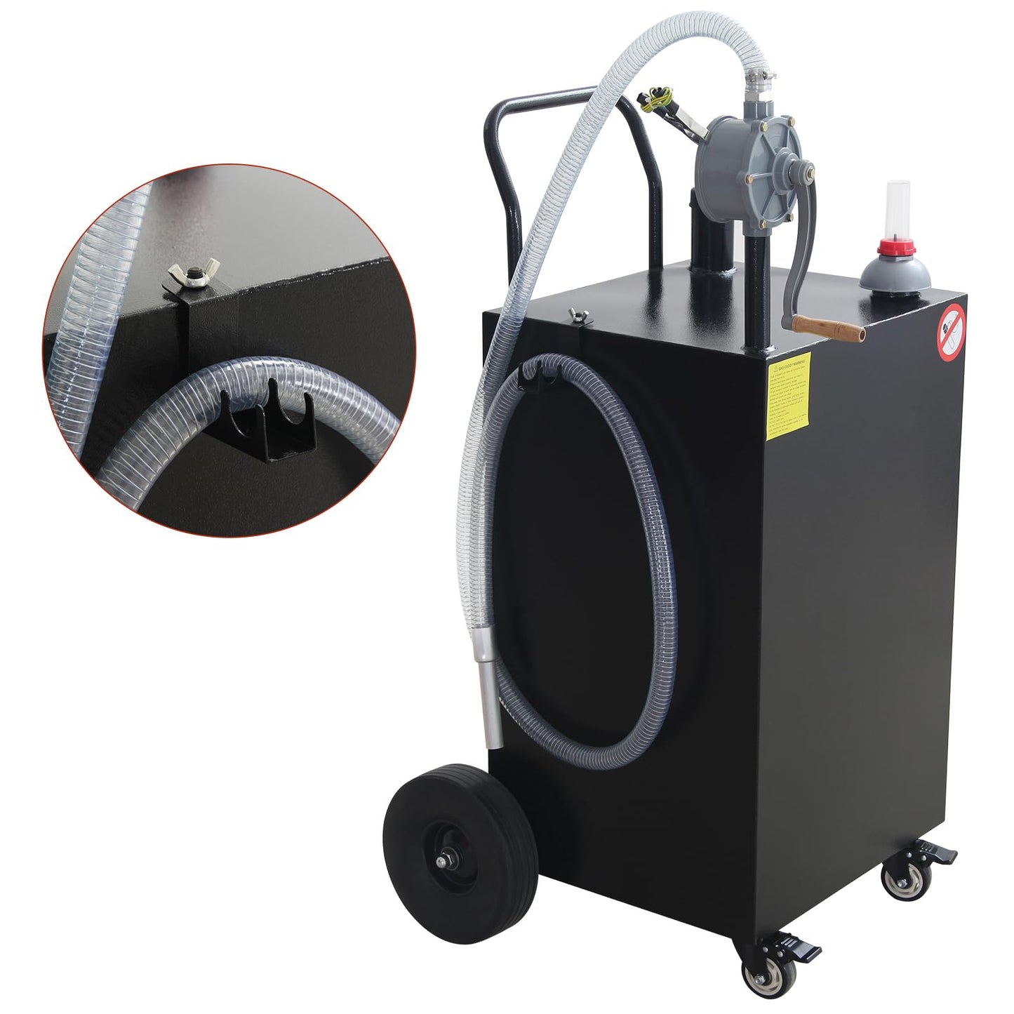 45 Gallon Gas Caddy Gasoline Diesel Can Hand Siphon Pump With Rolling Flat-Free Solid Rubber Wheels(Black)
