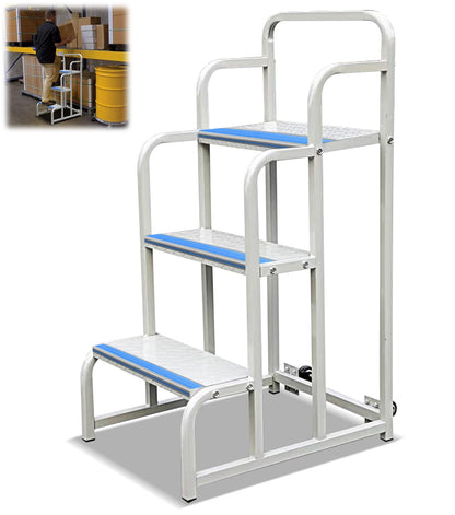 3 Step Stairs with Wheels, Industrial & Warehouse 3-Step Rolling Stairs, Non-Slip Rolling Steps with Stair Edge Protector, Easy to Move Rolling Steps with Wheels(19.7W x29.5H, 600LBs Loading).