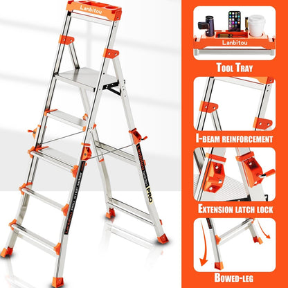 LANBITOU Ladder, Aluminum 5 Step Ladder with Handrails, Anti-Slip Wide Pedal, Tool Platform, Folding Step Stool Step Ladder for Stairs Home Outdoor Work, Lightweight-Portable, 330lbs-Capacity,