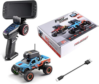 WL 1/64 FPV RC Car with Camera APP Auto-Pairing Mini RC Truck with Remote Controller + Display Screen 3-Speed Modes Gyroscope Remote Control Off-Road Truck for Adults
