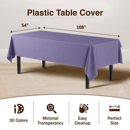 Party Solids Pack Of 6 Premium Plastic Tablecloth 54 Inch x 108 Inch Rectangle Plastic Table Cover - Lavender
