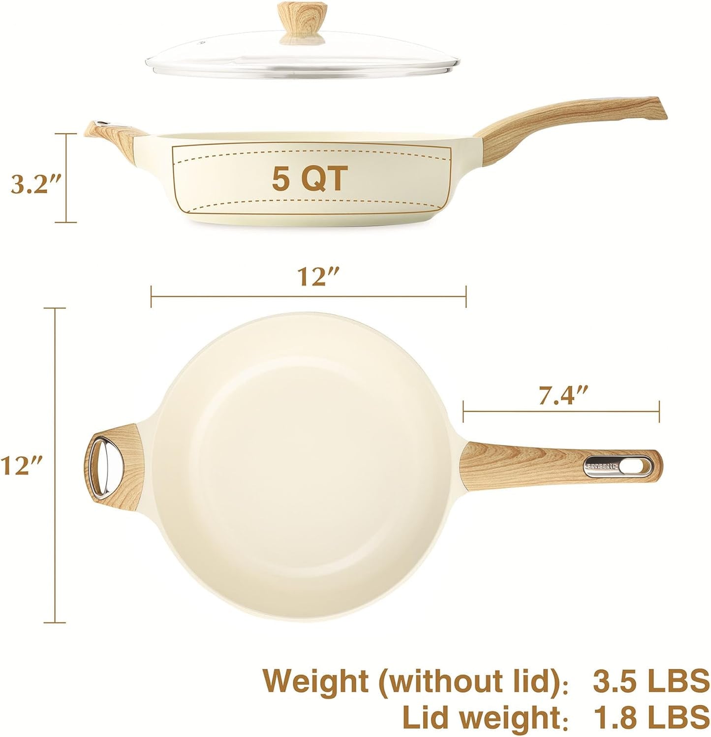 SENSARTE 12-Inch Ceramic Nonstick Frying Pan - Healthy, PFOA-Free Skillet with Lid & Helper Handle