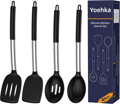Yoehka Silicone Cooking Utensils Set - 4-Piece Heat Resistant Kitchen Tools for Nonstick Cookware | Black