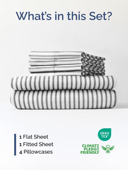 Skiennix Extra Deep Full Sheet Set - 6 Piece Breathable Cooling Bedding - Soft Wrinkle-Free Grey Stripes