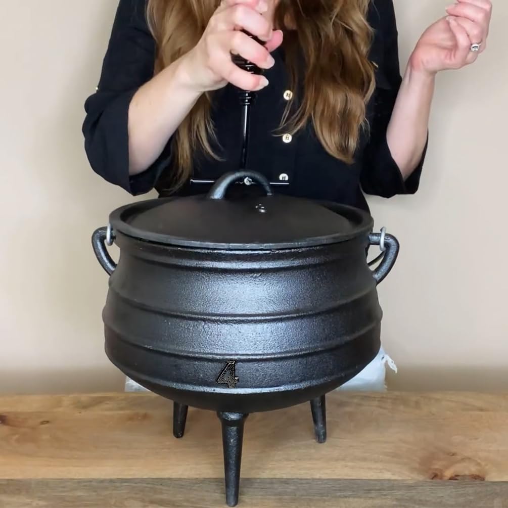 12 Quart Cast Iron Dutch Oven Cauldron Pot - Camping Cookware with Lid - Pre-Seasoned Heavy-Duty Potjie for Stews, Soups, Braising, and Frying Over Fire Pit Grill or Camp Stove