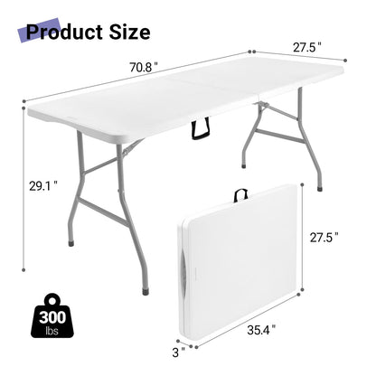 Byliable Folding Table 6ft, Heavy Duty Portable Plastic Fold-in-Half Utility Table with Carrying Handle for Indoor Outdoor, Camping Picnic Party, White