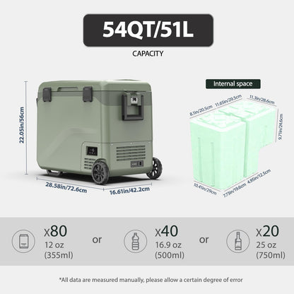 zcamp GS50W Portable Wheeled Car Freezer,54Quart 12V Car Refrigerator with Dual Zone,Electric Compressor Cooler -4℉~68℉ for Camping, RV, Truck, Travel, Outdoor