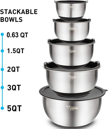Wildone Mixing Bowls Set - 5PCS Stainless Steel Nesting Bowls with Airtight Lids & Grater Attachments | Non-Slip Bottoms, 0.63 to 5 QT
