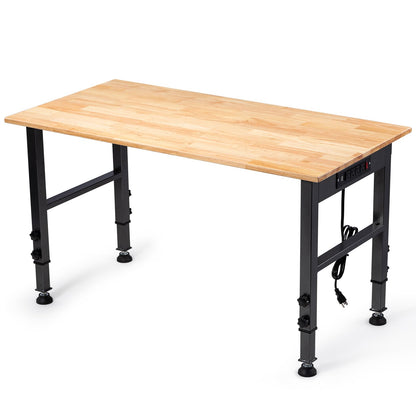 48" Height Adjustable Workbench, 2000 LBS Load Capacity Rubber Wood Top Workstation with Power Outlet and Foot Pads, Heavy-Duty Hardwood Worktable for Garage Workshop (with Foot Pads and Socket,48'')