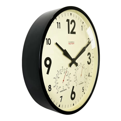 Cloudnola Indoor Outdoor Waterproof Metal Wall Clock with Thermometer and Hygrometer, Black, 18 inch Silent Non-Ticking Battery Operated Quality Quartz Round Clock for Patio and Home Decor