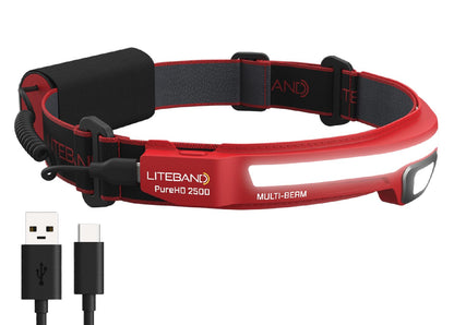 LITEBAND PRO Multi-Beam Rechargeable LED Headlamp, 2500 Lumens, 210° Wide Beam + Focused Spot, PureHD High CRI Light, Hard Hat Compatible, Professional No-Bounce Fit, IPX5 Weather Resistant, Red