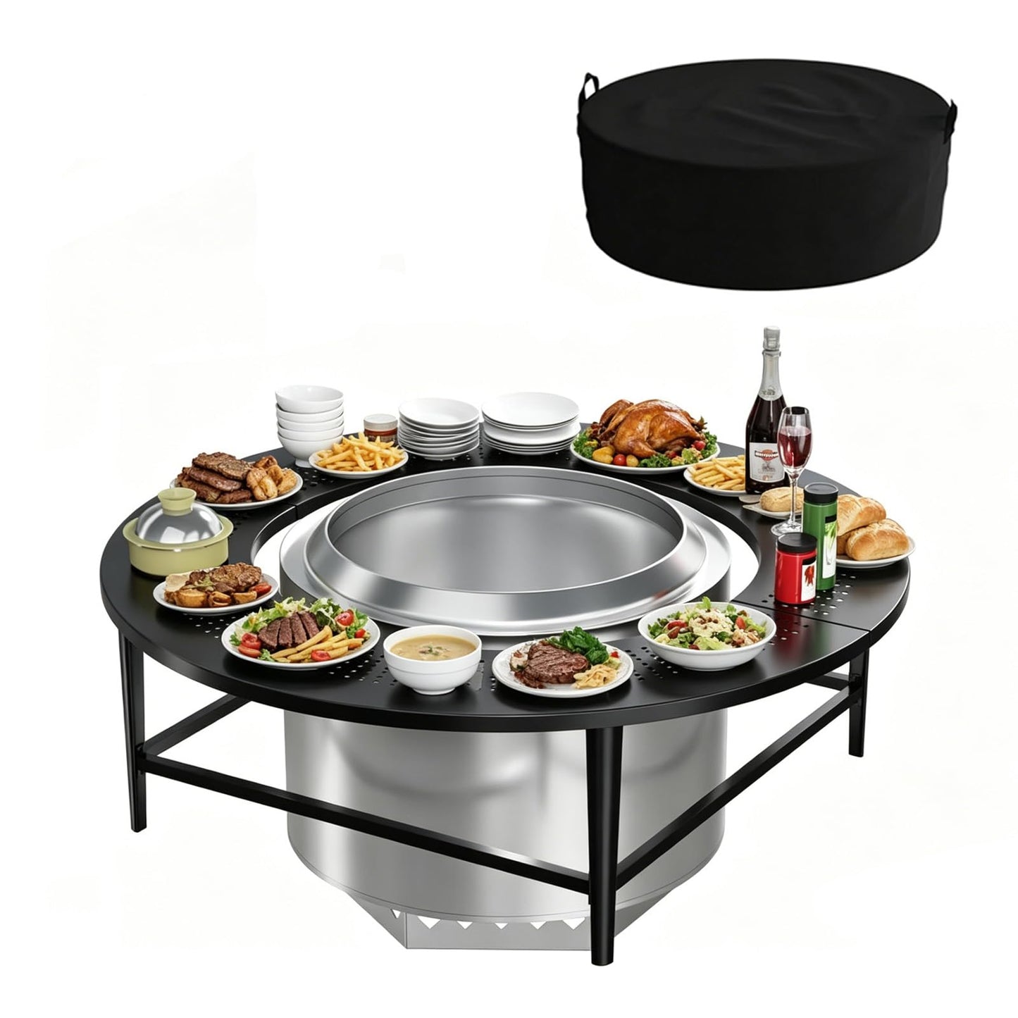LS'BABQ 40" Fire Pit Surround Tabletop with Waterproof Cover for Solo Stove Bonfire & Ranger, Round Outdoor Fire Pit Table for Most Wood-Burning Stoves Under 22" Dia for Camping, Powder-Coated Steel