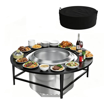 LS'BABQ 40" Fire Pit Surround Tabletop with Waterproof Cover for Solo Stove Bonfire & Ranger, Round Outdoor Fire Pit Table for Most Wood-Burning Stoves Under 22" Dia for Camping, Powder-Coated Steel