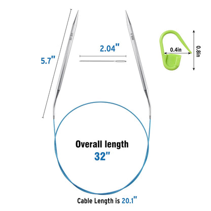 32 inch Stainless Steel Circular Knitting Needles Set for Beginners, 6 PCS US Size 0 2.5 6 8 10 13 Round Metal Knitting Needles with Magic Loop, Fixed Circle Needles for Sock, Blankets, Sweater, Scarf