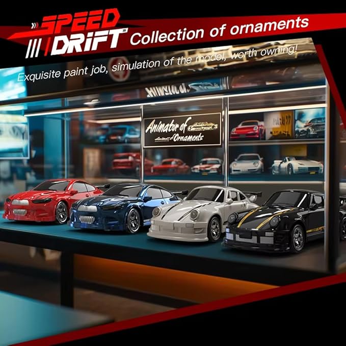1/64 Scale 2.4G High Speed Drift RC Car Remote Control Drift 4WD Mini Lights System Desktop Drift Car for Adults (Blue)