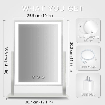 HIEEY Lighted Makeup Mirror, Hollywood Vanity Mirror with Lights, Three Color Lighting Modes, and 5X Magnification Mirror, Smart Touch Control, 360°Rotation (17.3in,White,Gift Box)