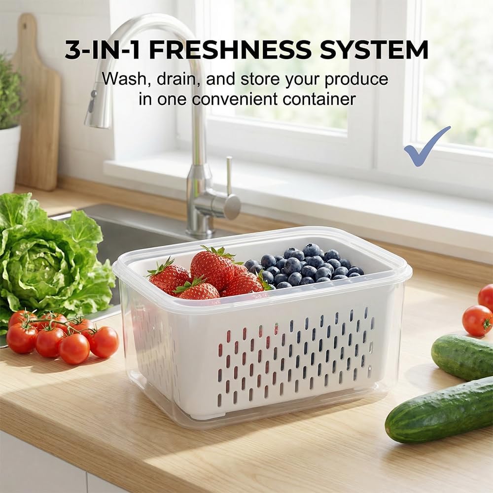 Skiennix 4-in-1 Large Fruit Storage Container - Leakproof Produce Keeper with Removable Colander | BPA-Free & Microwave Safe (Blue, S)
