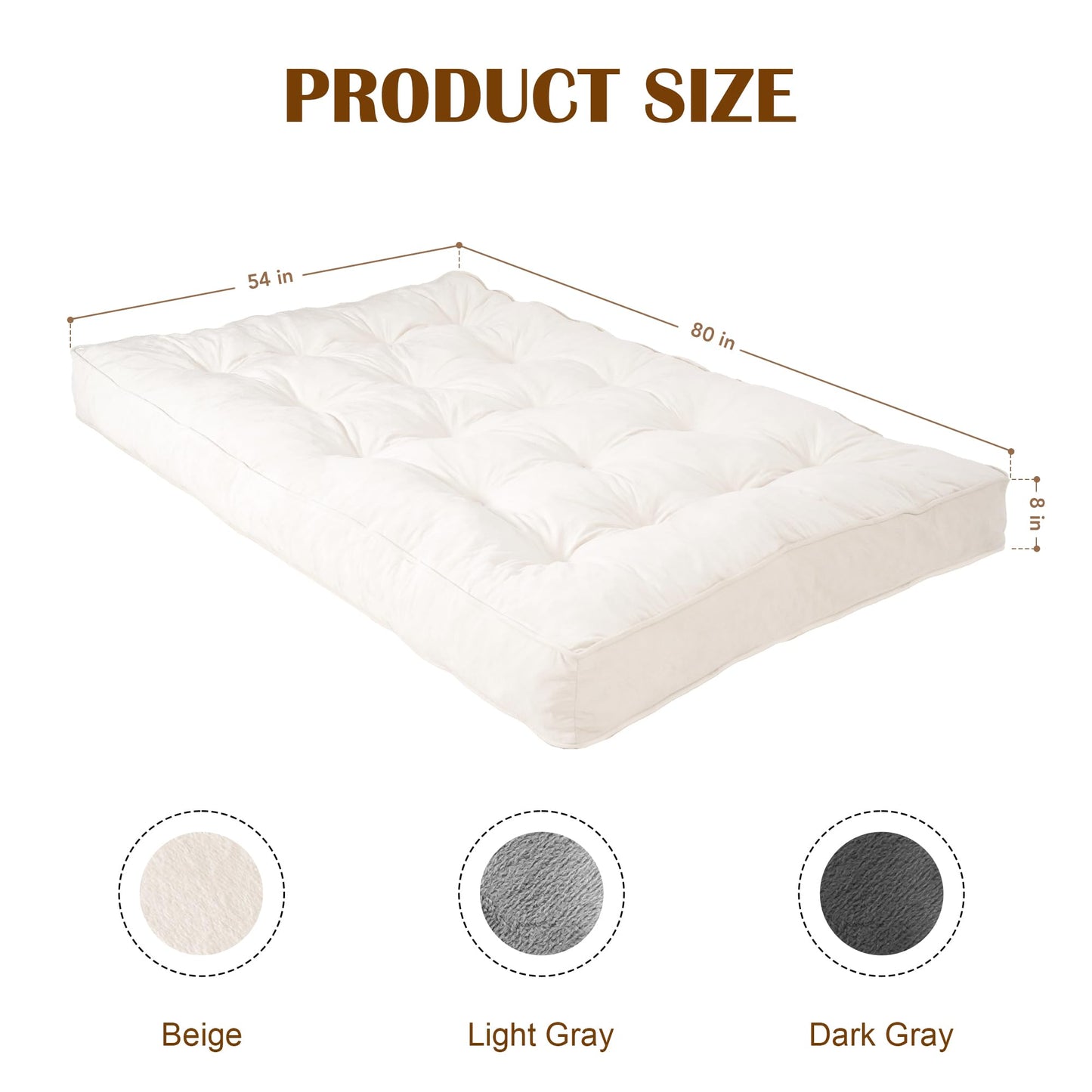 8" Futon Mattress Full Size, Floor Mattress for Adults, Foldable Sofa Couch Bed with Shredded Foam Filling, Comfy Sleeping Mat for Guest, Camping, Dorm, White(Frame Not Included), 54" x 80"