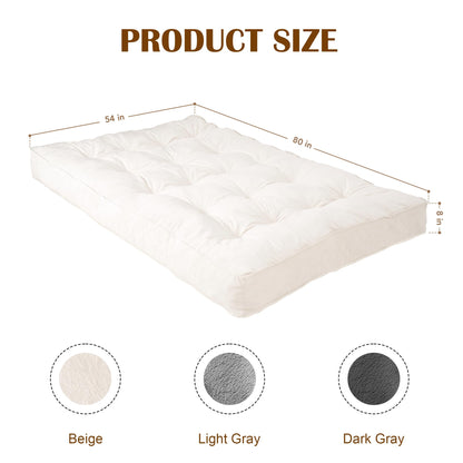 8" Futon Mattress Full Size, Floor Mattress for Adults, Foldable Sofa Couch Bed with Shredded Foam Filling, Comfy Sleeping Mat for Guest, Camping, Dorm, White(Frame Not Included), 54" x 80"